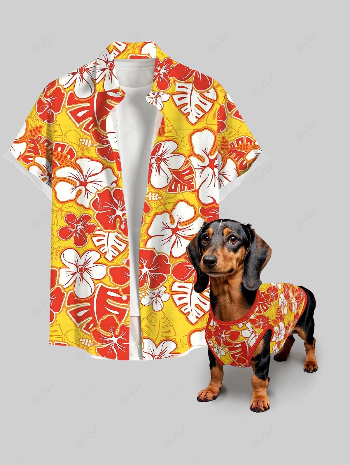Tripical Leaf Hibiscus Flowers Print Hawaii Tank Top and Shirt Dog and Owner Matching Outfits