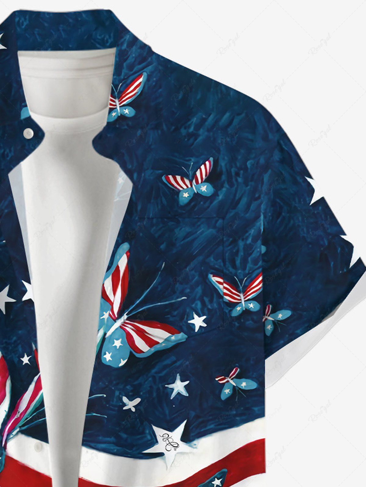 Plus Size Patriotic American Flag Butterfly Printed Buttons Pocket Shirt For Men