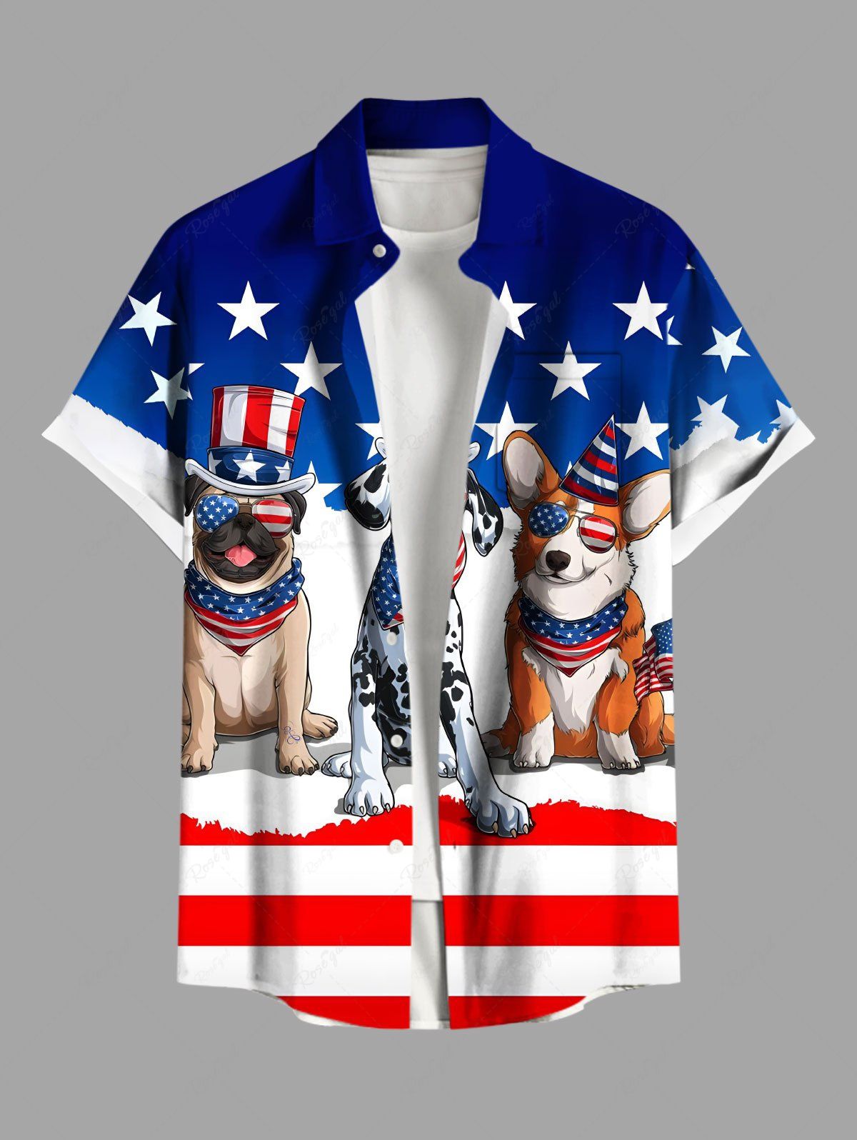 Plus Size Patriotic American Flag Dog Printed Button Pocket Shirt For Men
