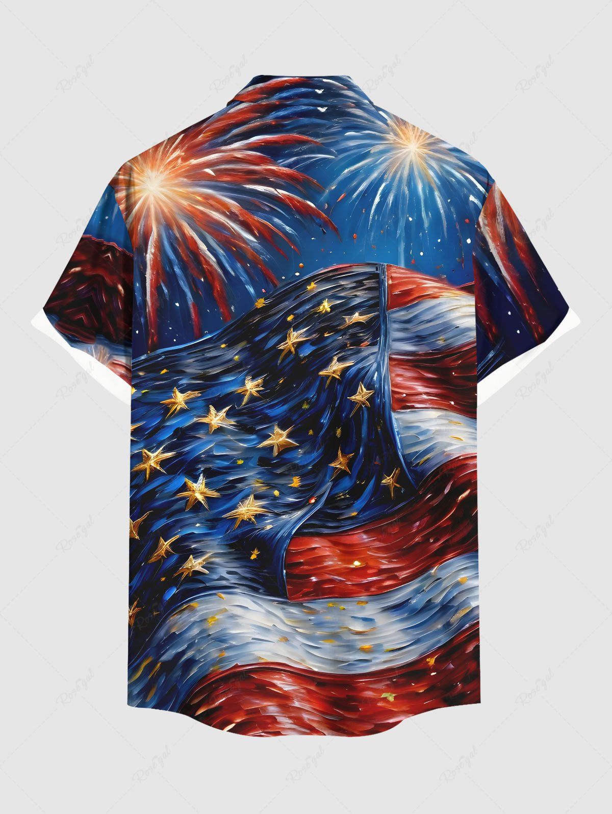 Plus Size Patriotic American Flag Fireworks Oil Painting Printed Buttons Pocket Shirt For Men
