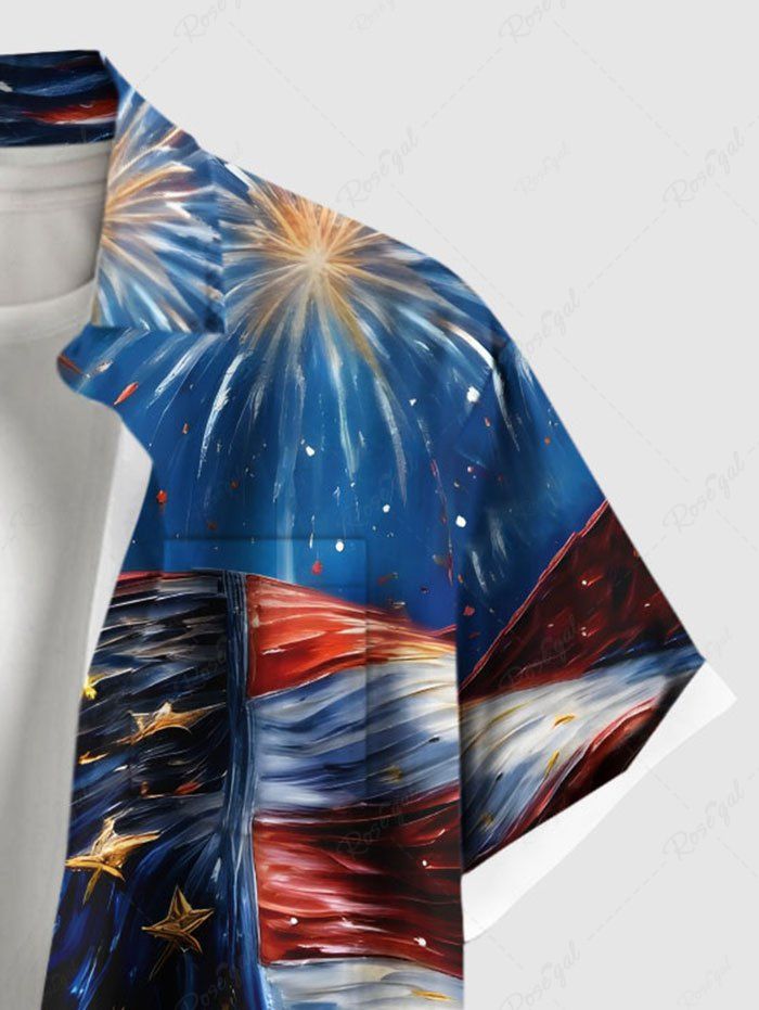Plus Size Patriotic American Flag Fireworks Oil Painting Printed Buttons Pocket Shirt For Men