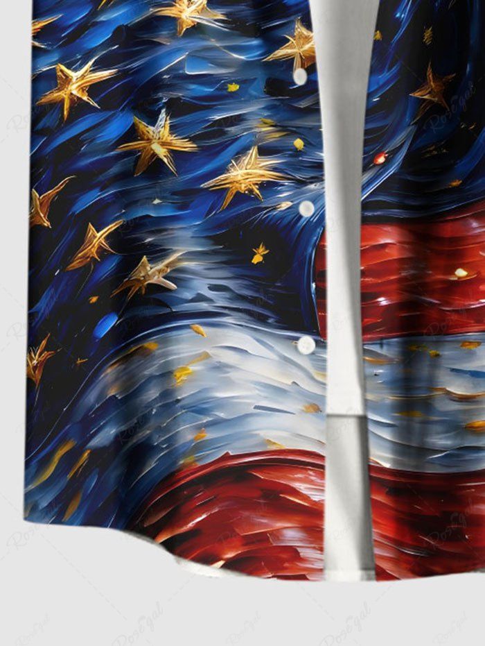 Plus Size Patriotic American Flag Fireworks Oil Painting Printed Buttons Pocket Shirt For Men