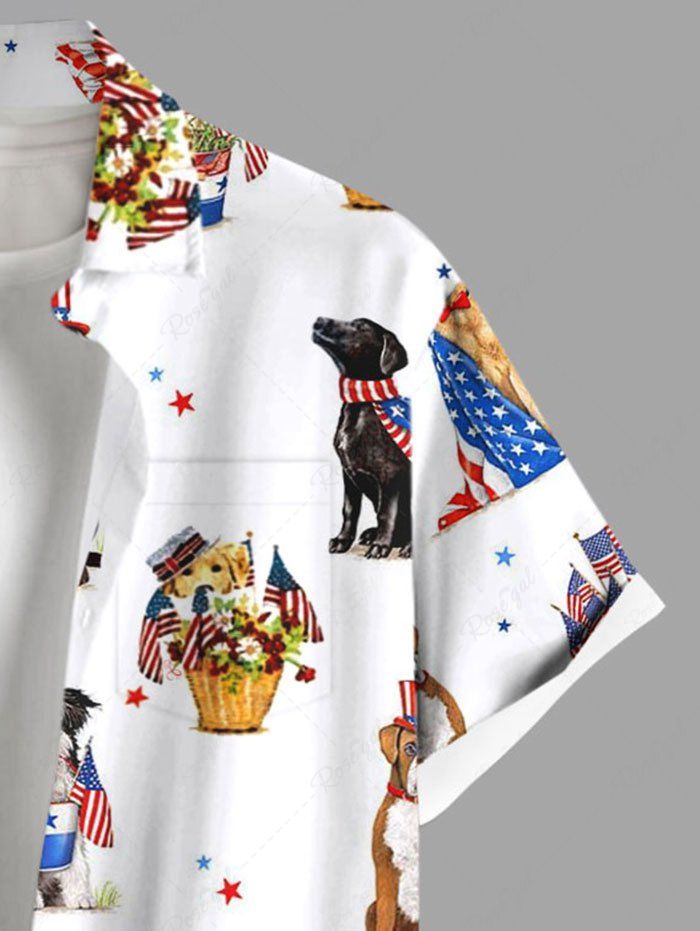 Plus Size Patriotic American Flag Dog Flower Basket Printed Button Pocket Shirt For Men