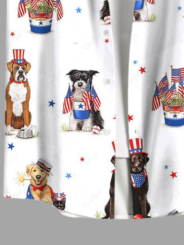Plus Size Patriotic American Flag Dog Flower Basket Printed Button Pocket Shirt For Men