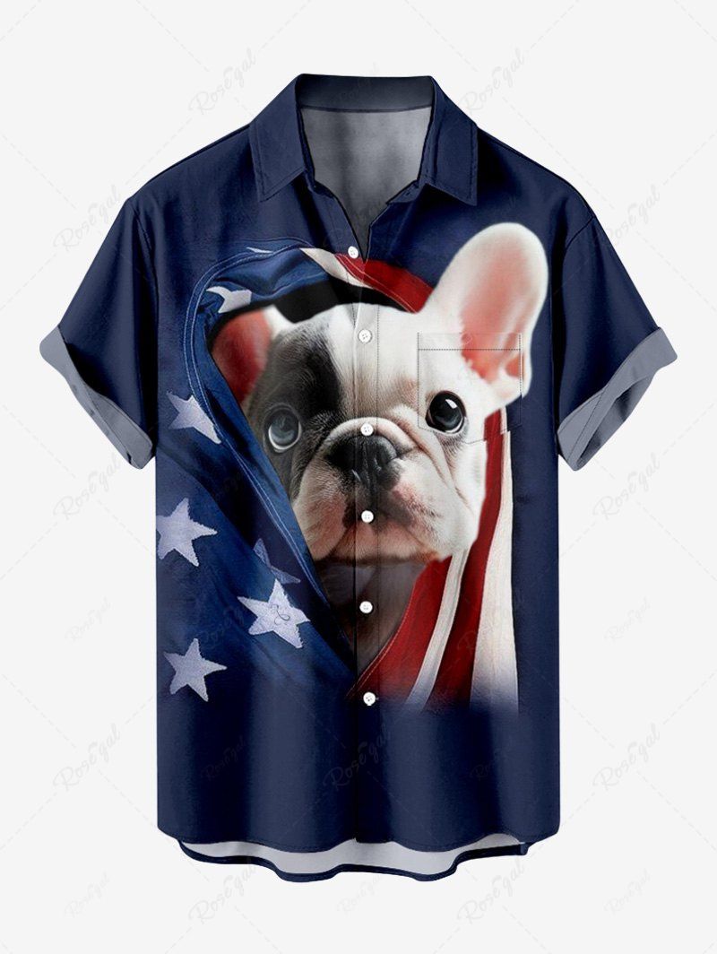 Plus Size Patriotic American Flag Dog Printed Button Pocket Shirt For Men