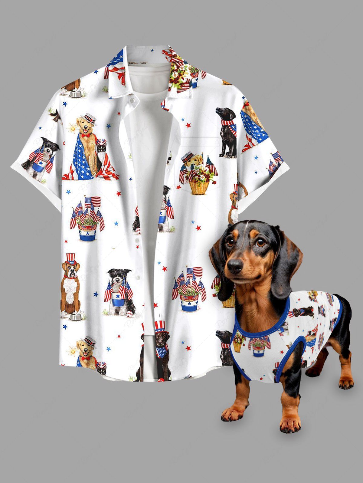 Patriotic American Flag Puppy Flower Basket Print Shirt Tank Top Dog And Owner Matching Outfits