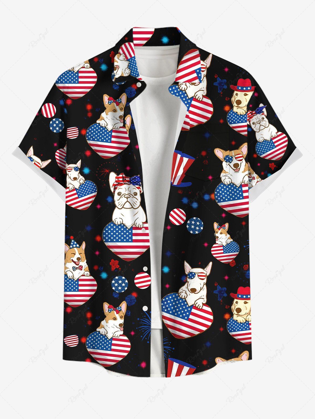 Plus Size Patriotic American Flag Heart Dog Printed Buttons Pocket Shirt For Men