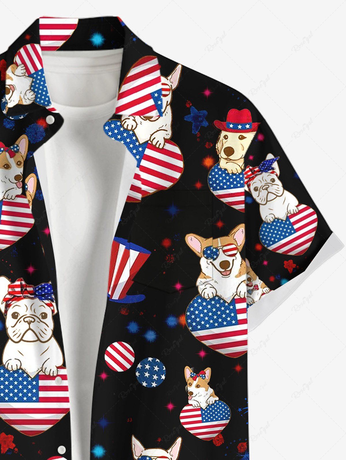 Plus Size Patriotic American Flag Heart Dog Printed Buttons Pocket Shirt For Men