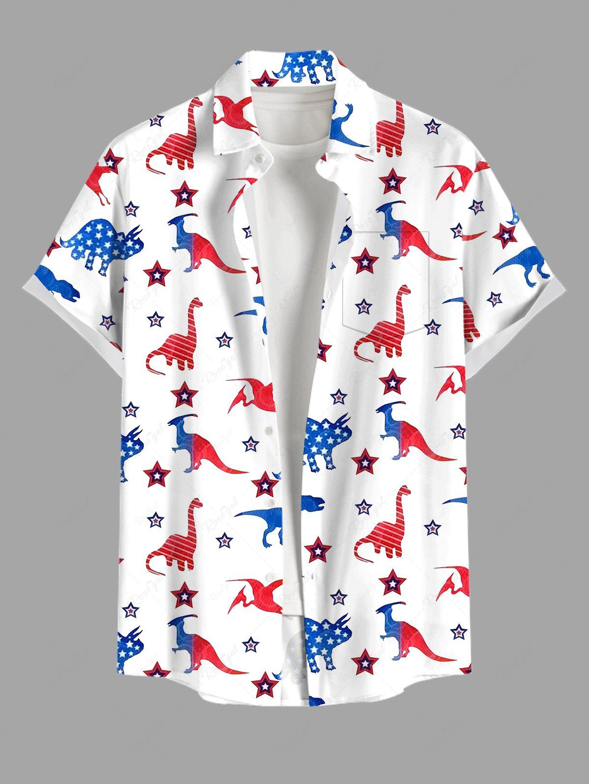 Plus Size Patriotic American Flag Dinosaur Star Printed Buttons Pocket Shirt For Men