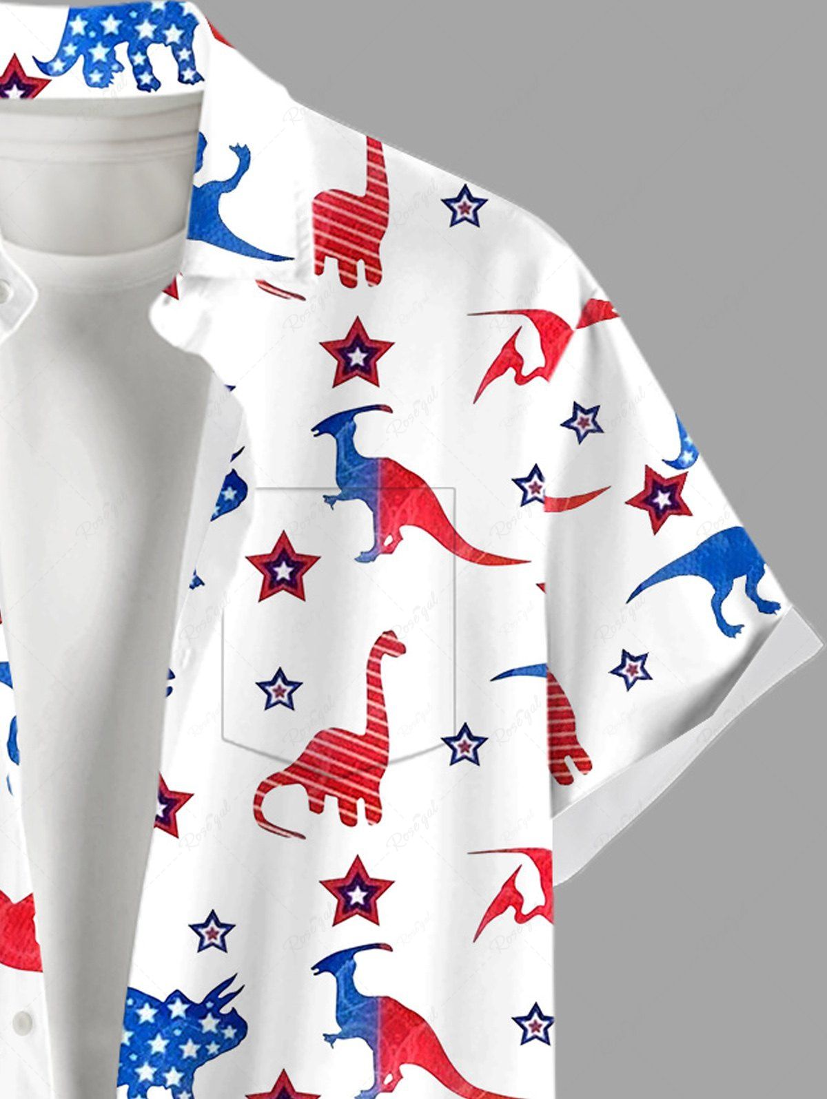 Plus Size Patriotic American Flag Dinosaur Star Printed Buttons Pocket Shirt For Men