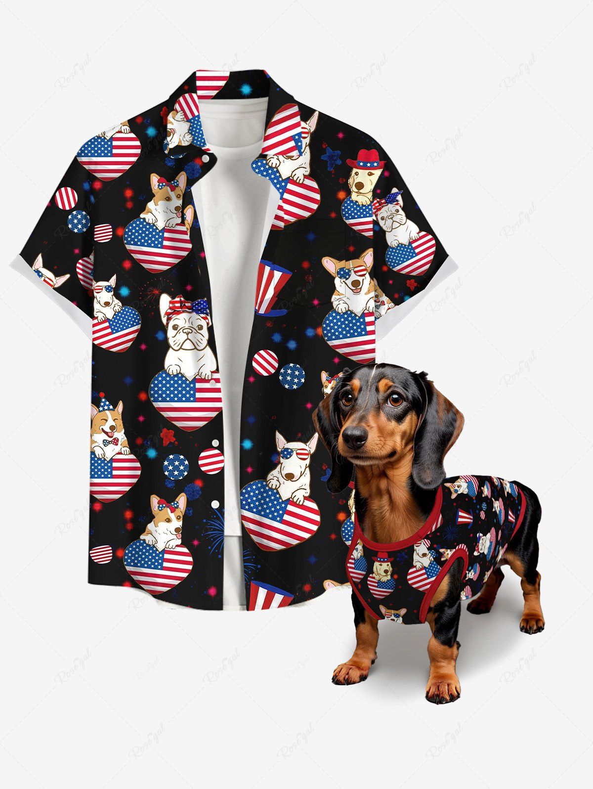 Patriotic American Flag Heart Dog Print Tank Top and Shirt Dog and Owner Matching Outfits