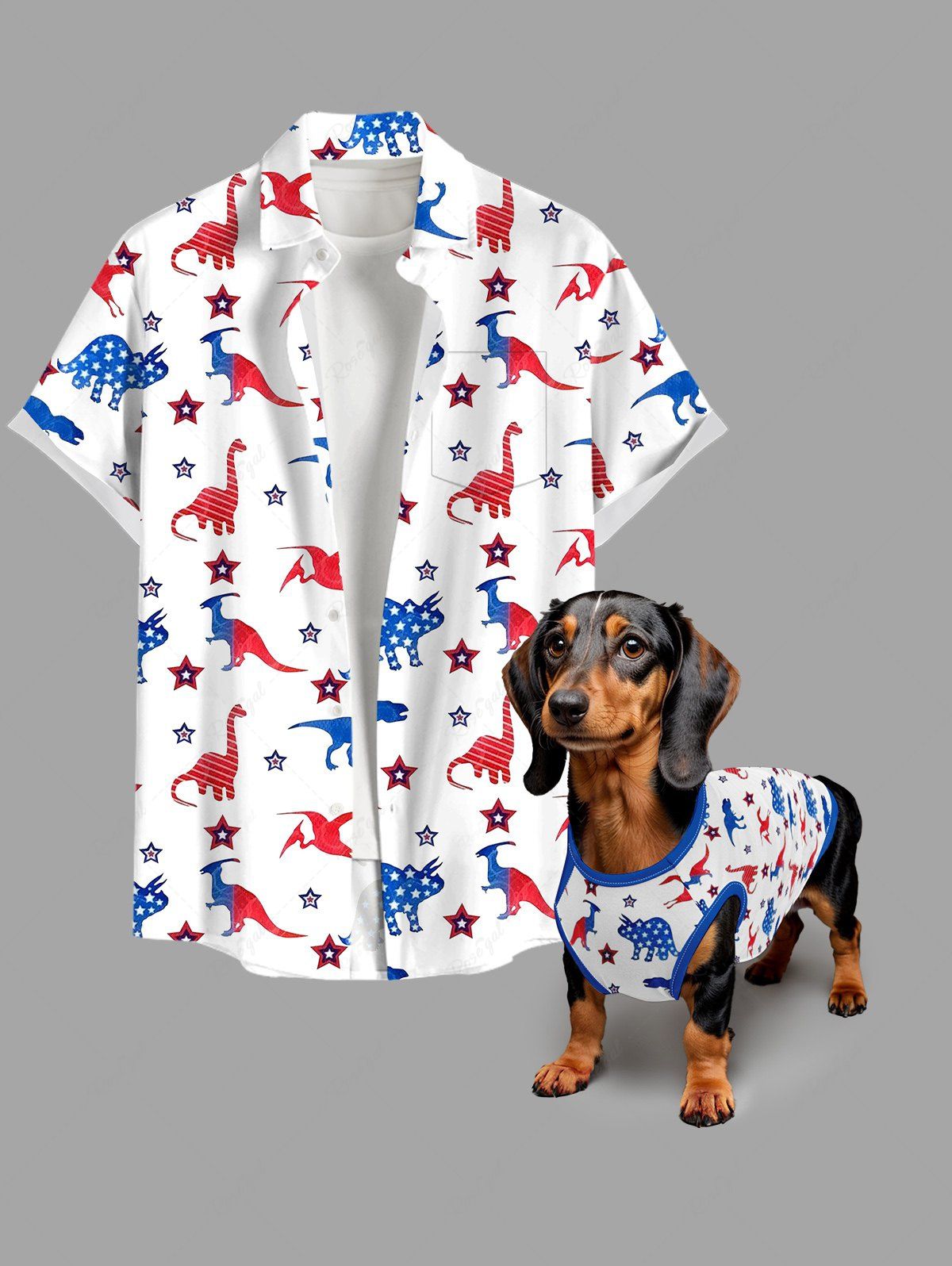 Patriotic American Flag Dinosaur Star Print Tank Top and Shirt Dog and Owner Matching Outfits