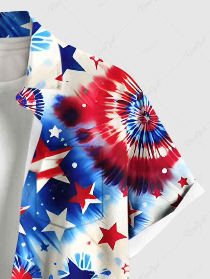 Plus Size Tie Dye Spiral Galaxy Patriotic American Flag Printed Button Pocket Shirt For Men
