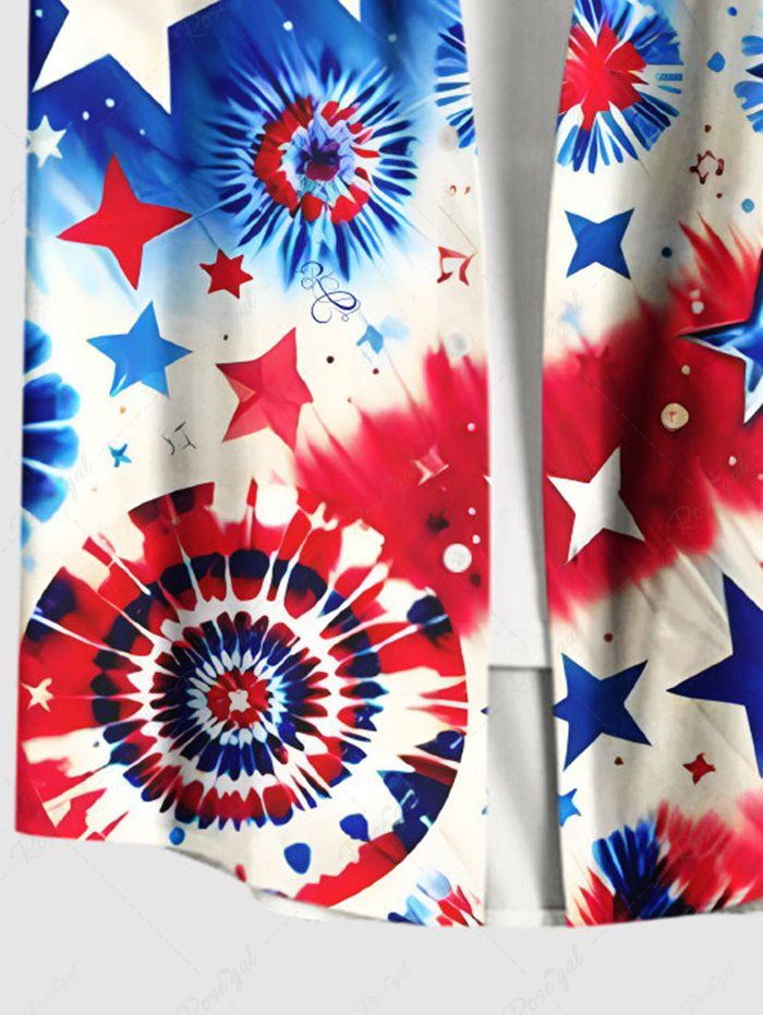 Plus Size Tie Dye Spiral Galaxy Patriotic American Flag Printed Button Pocket Shirt For Men