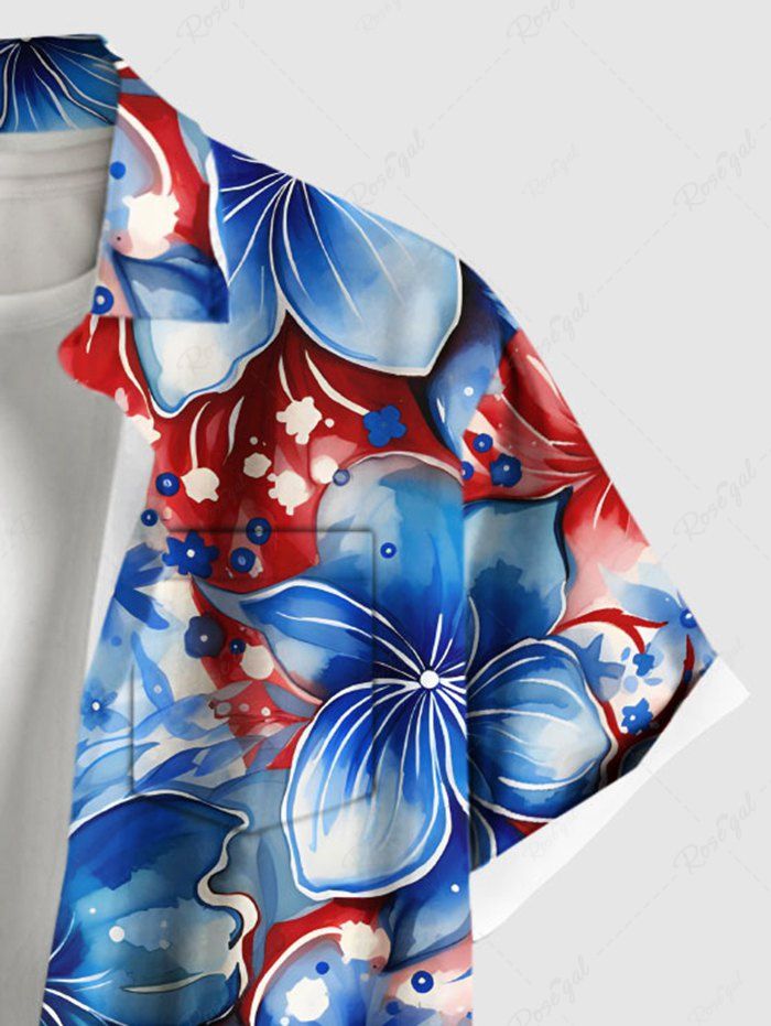 Plus Size Patriotic American Flag Floral Printed Hawaii Button Pocket Shirt For Men
