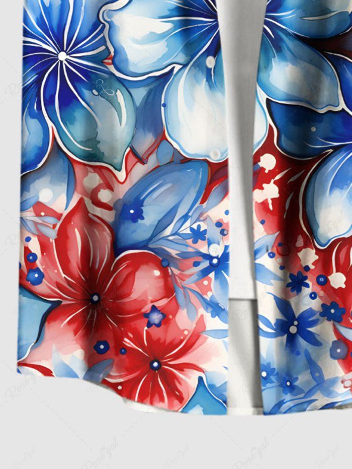 Plus Size Patriotic American Flag Floral Printed Hawaii Button Pocket Shirt For Men