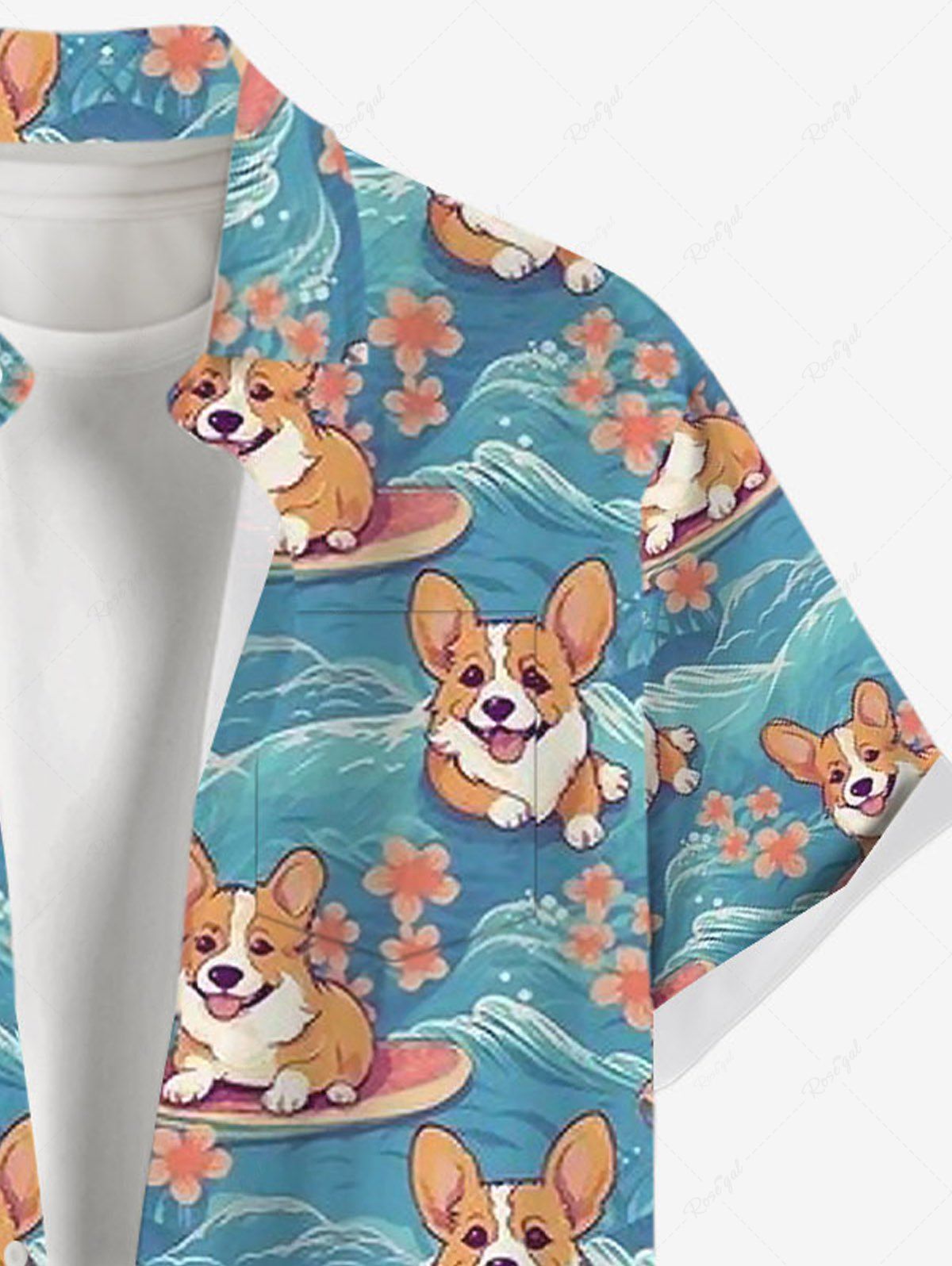 Plus Size Dogs Sea Waves Flowers Printed Buttons Pocket Hawaii Shirt For Men