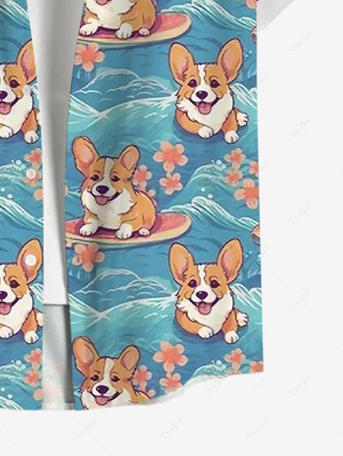 Plus Size Dogs Sea Waves Flowers Printed Buttons Pocket Hawaii Shirt For Men