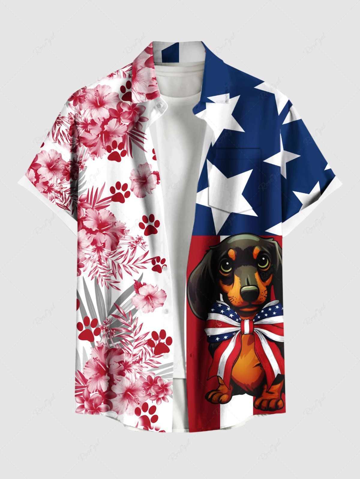 Patriotic American Flag Dog Hibiscus Floral Tropical Leaves Paw Print Shirt Dog And Owner Matching Outfits