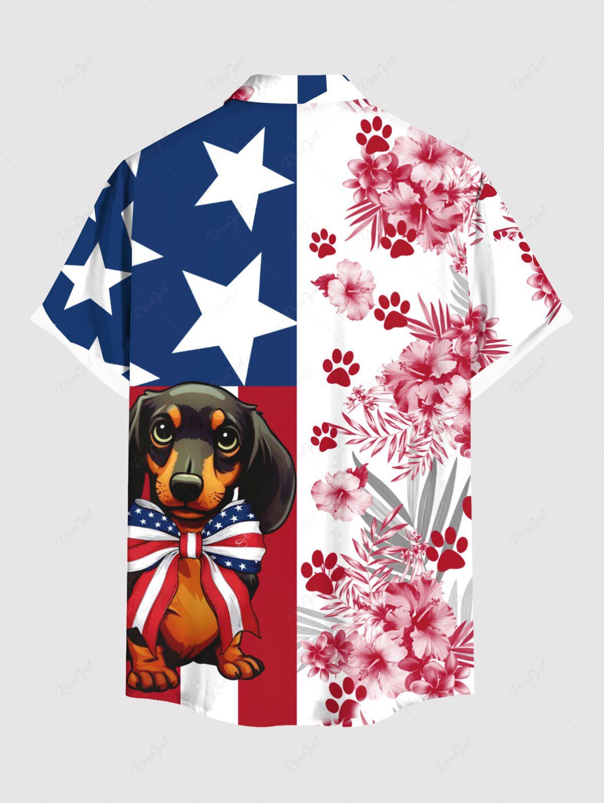 Plus Size Patriotic American Flag Dog Hibiscus Floral Tropical Leaves Paw Printed Hawaii Button Pocket Shirt For Men