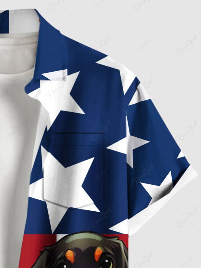 Plus Size Patriotic American Flag Dog Hibiscus Floral Tropical Leaves Paw Printed Hawaii Button Pocket Shirt For Men