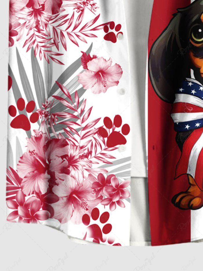 Plus Size Patriotic American Flag Dog Hibiscus Floral Tropical Leaves Paw Printed Hawaii Button Pocket Shirt For Men