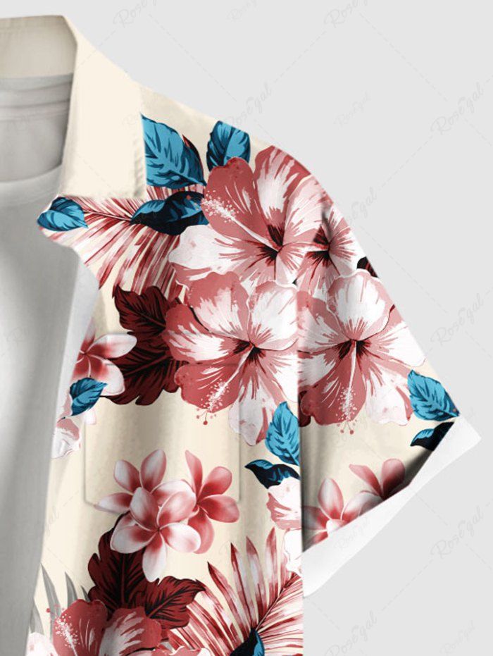 Plus Size Hibiscus Floral Tropical Leaves Dog Printed Hawaii Button Pocket Shirt For Men