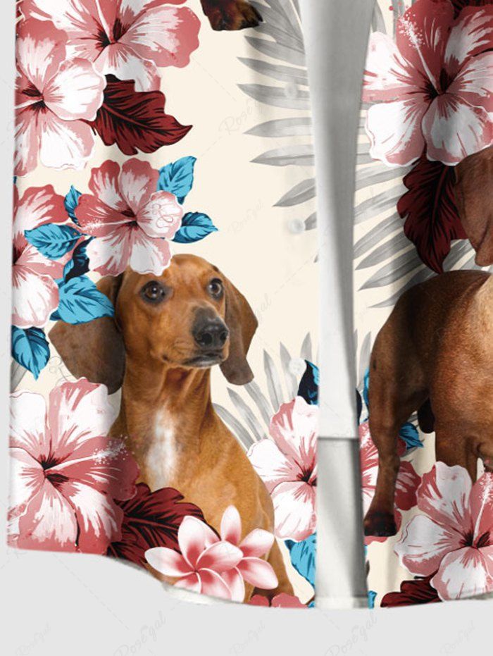 Plus Size Hibiscus Floral Tropical Leaves Dog Printed Hawaii Button Pocket Shirt For Men