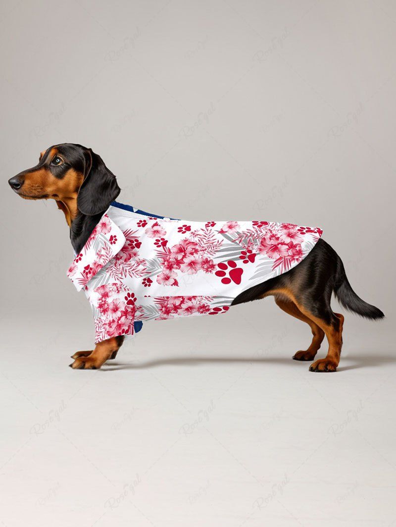 Patriotic American Flag Dog Hibiscus Floral Tropical Leaves Paw Print Shirt Dog And Owner Matching Outfits