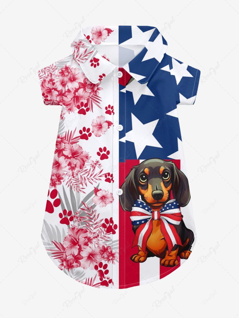 Pet's Patriotic American Flag Dog Hibiscus Floral Tropical Leaves Paw Printed Hawaii Button Shirt