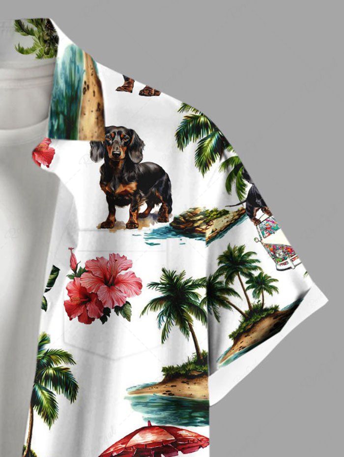 Plus Size Coconut Tree Dog Tropical Leaves Floral Printed Hawaii Button Pocket Shirt For Men