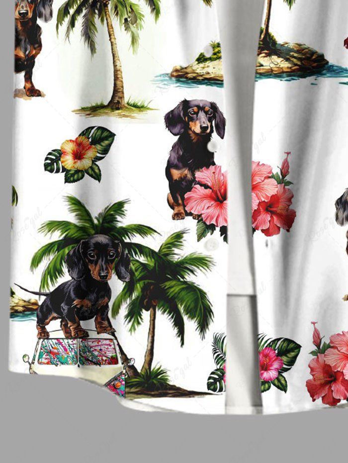Plus Size Coconut Tree Dog Tropical Leaves Floral Printed Hawaii Button Pocket Shirt For Men