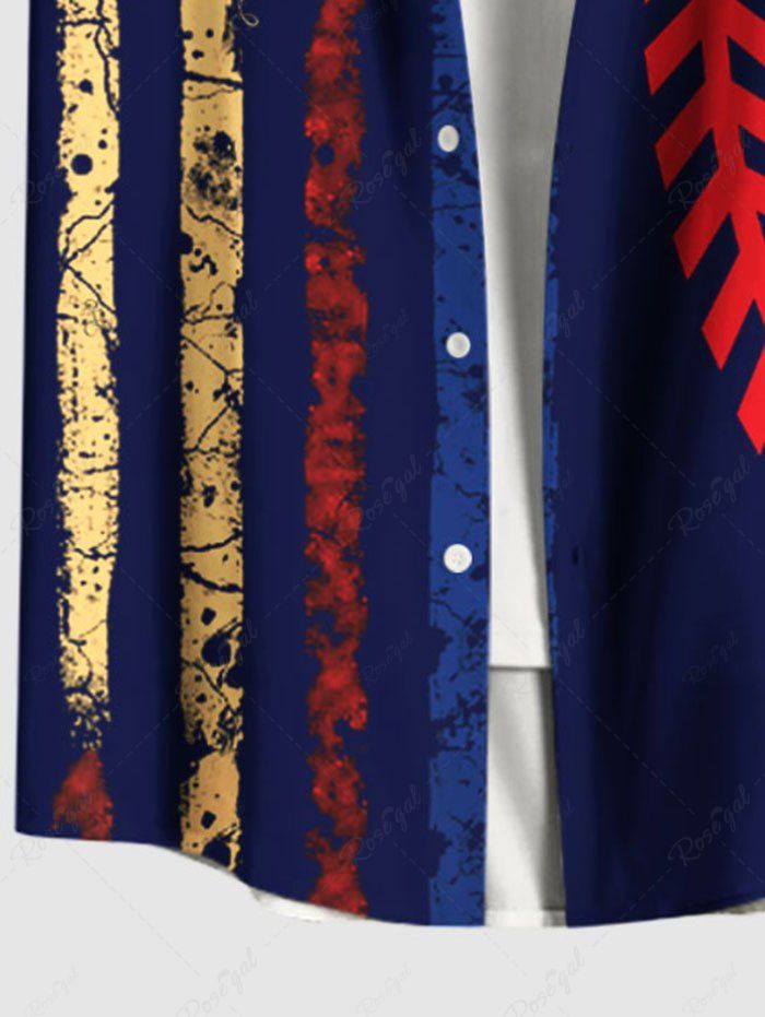 Plus Size Patriotic American Flag Curve Printed Button Pocket Shirt For Men