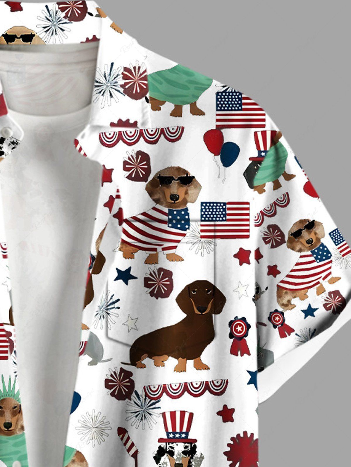 Plus Size Patriotic American Flag Dogs Printed Buttons Pocket Shirt For Men