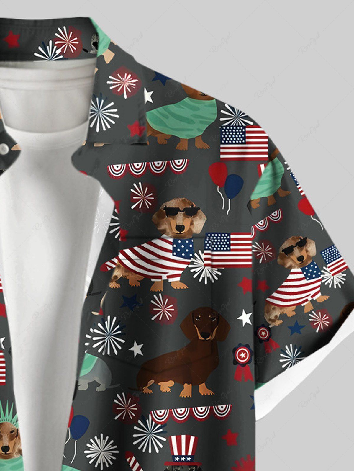 Plus Size Patriotic American Flag Dogs Printed Buttons Pocket Shirt For Men
