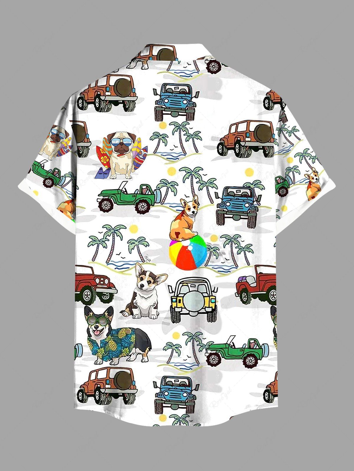 Plus Size Coconut Tree Cars Dogs Sea Waves Printed Buttons Pocket Hawaii Shirt For Men
