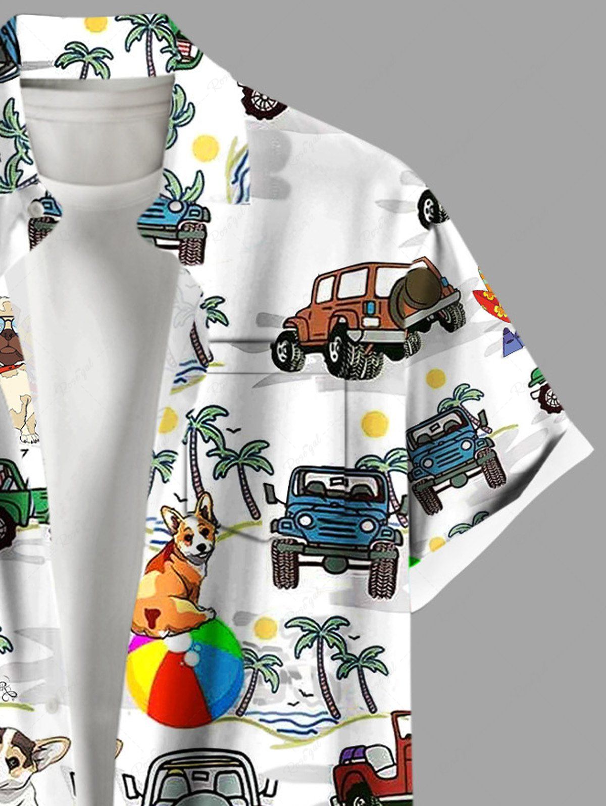 Plus Size Coconut Tree Cars Dogs Sea Waves Printed Buttons Pocket Hawaii Shirt For Men
