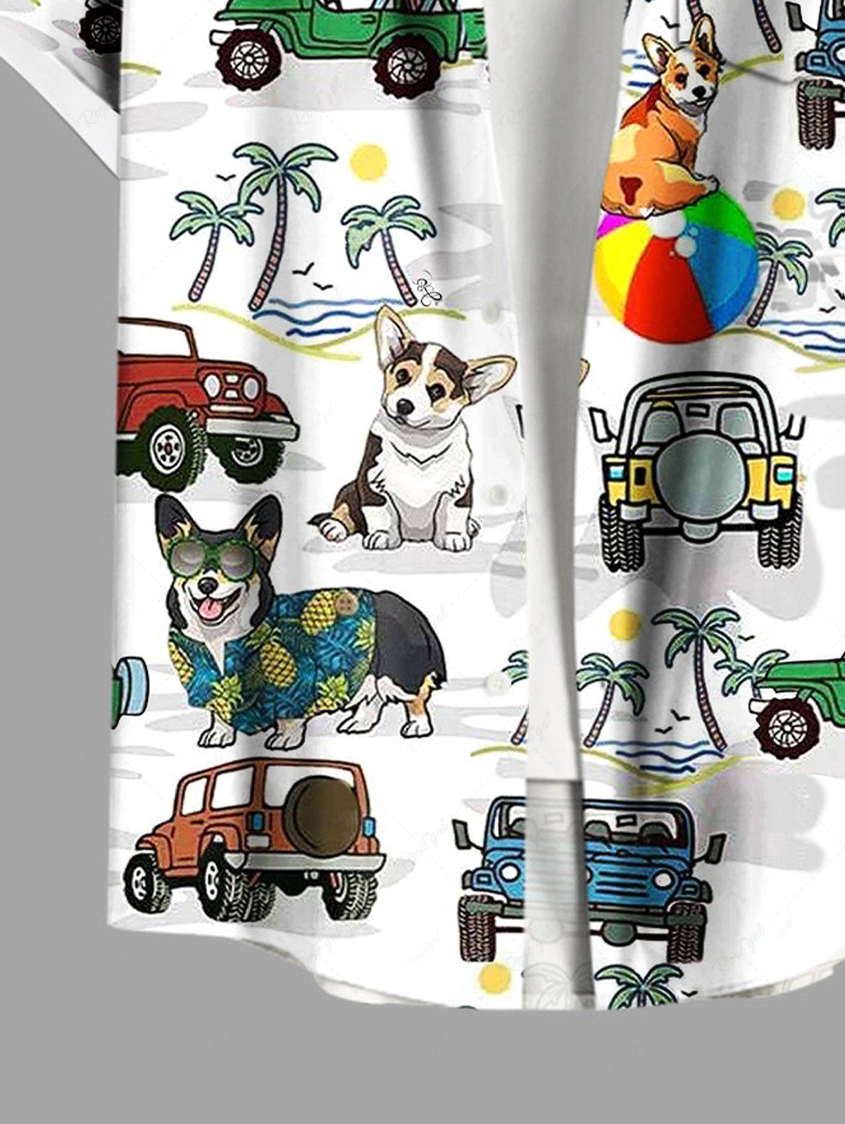 Plus Size Coconut Tree Cars Dogs Sea Waves Printed Buttons Pocket Hawaii Shirt For Men