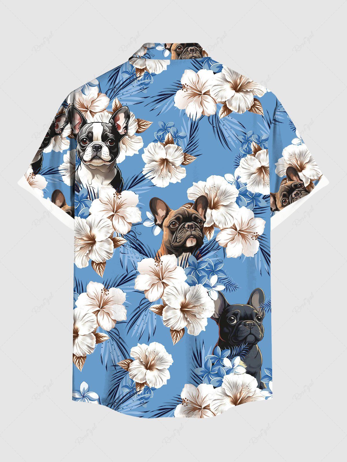 Plus Size Tropical Leaves Hibiscus Floral Dog Printed Hawaii Button Pocket Shirt For Men