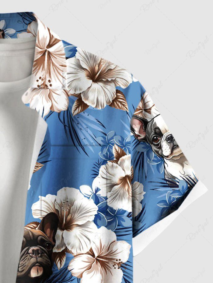 Plus Size Tropical Leaves Hibiscus Floral Dog Printed Hawaii Button Pocket Shirt For Men
