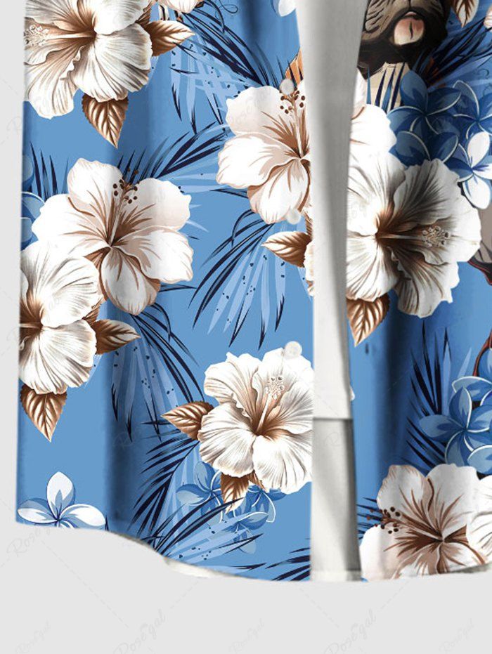 Plus Size Tropical Leaves Hibiscus Floral Dog Printed Hawaii Button Pocket Shirt For Men