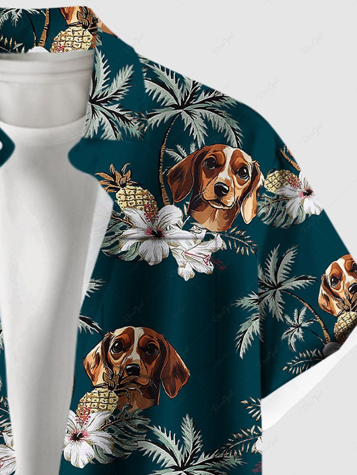 Plus Size Dogs Flowers Coconut Tree Printed Buttons Pocket Hawaii Shirt For Men