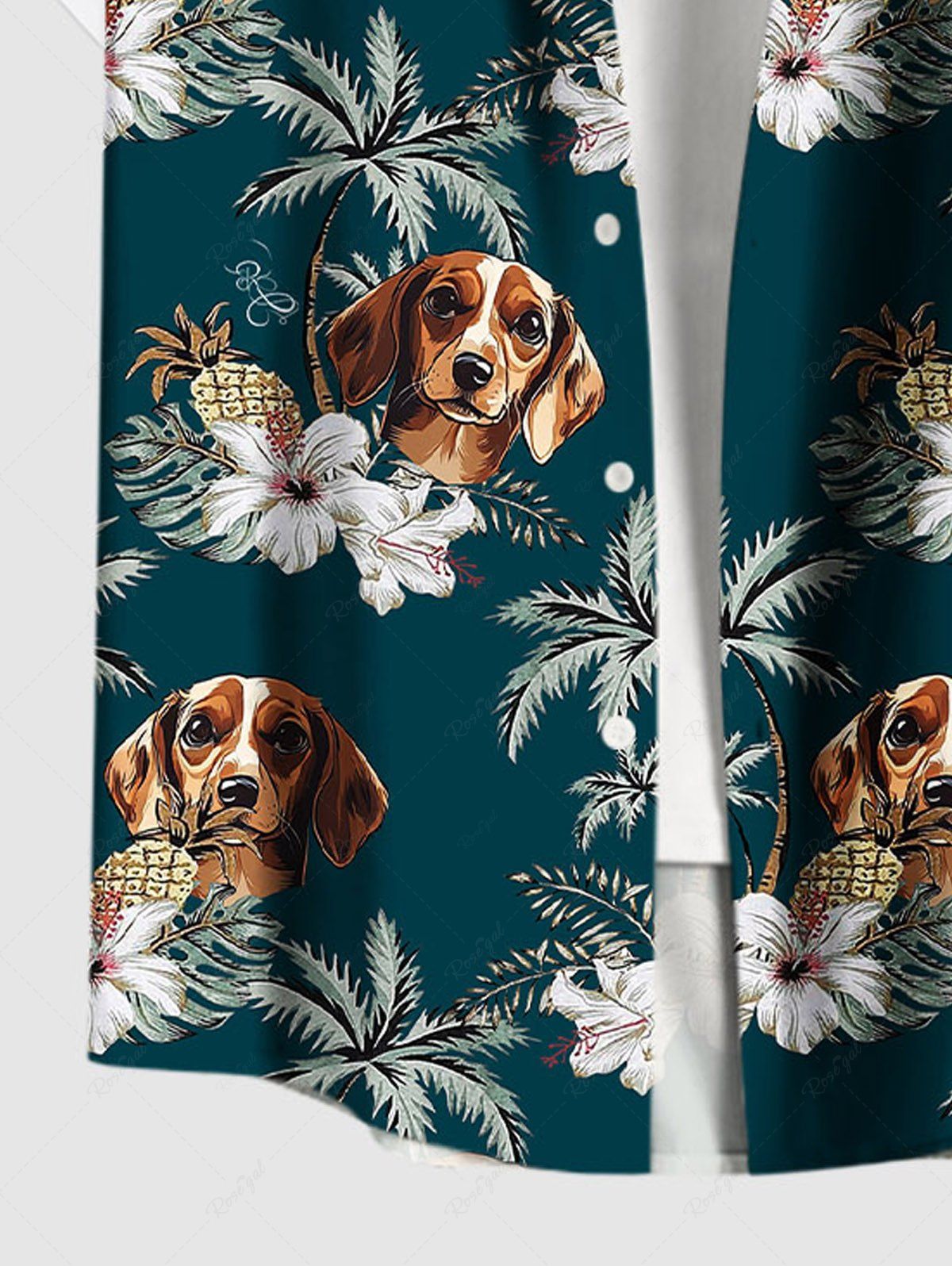 Plus Size Dogs Flowers Coconut Tree Printed Buttons Pocket Hawaii Shirt For Men