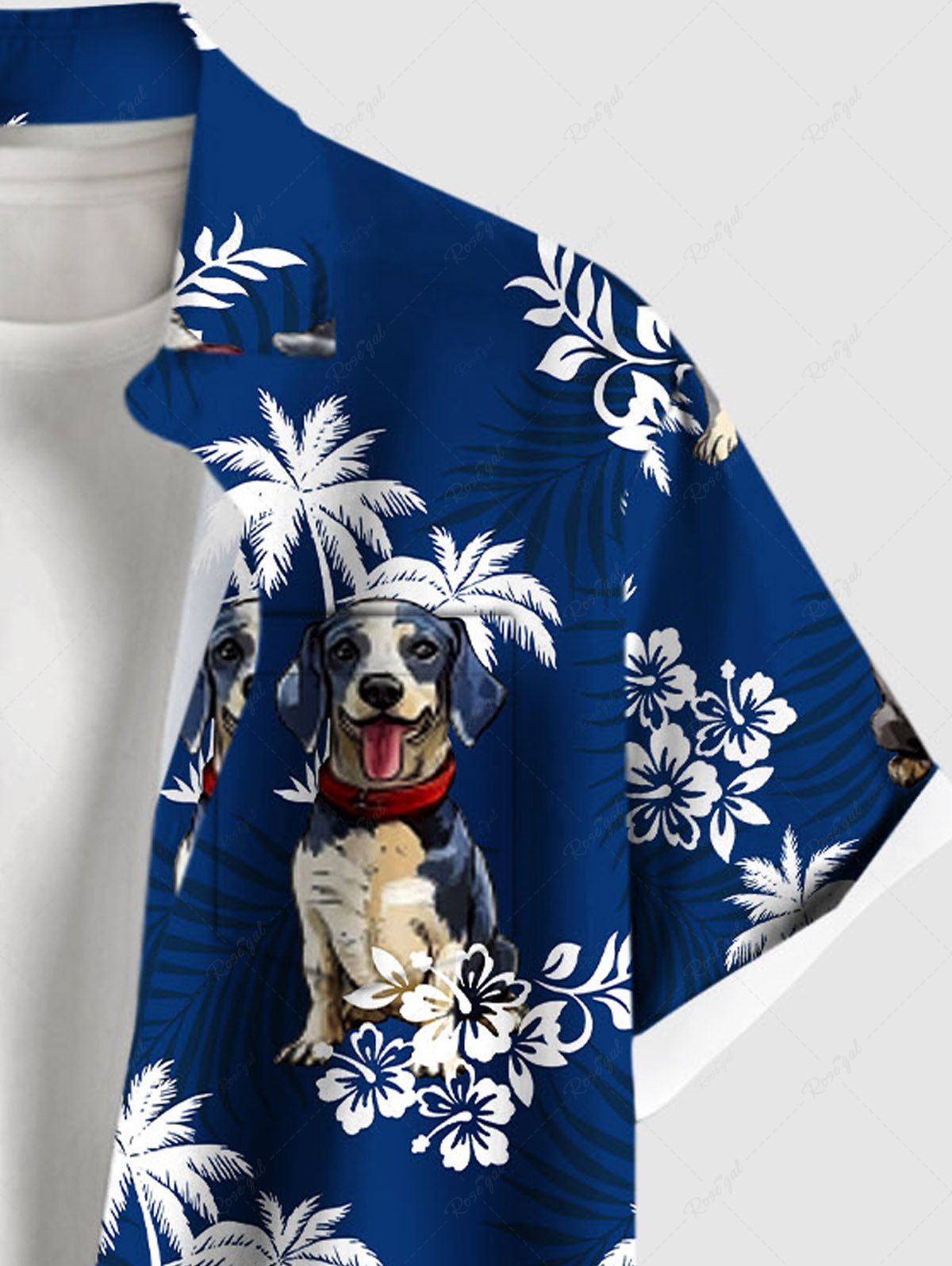 Plus Size Dogs Coconut Tree Flowers Printed Buttons Pocket Hawaii Shirt For Men