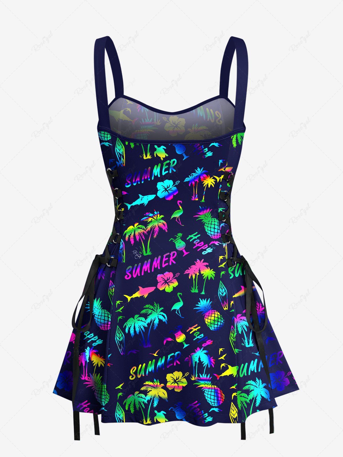 Coconut Tree Summer Flowers Pineapple Print Lace Up Hawaii Tank Dress