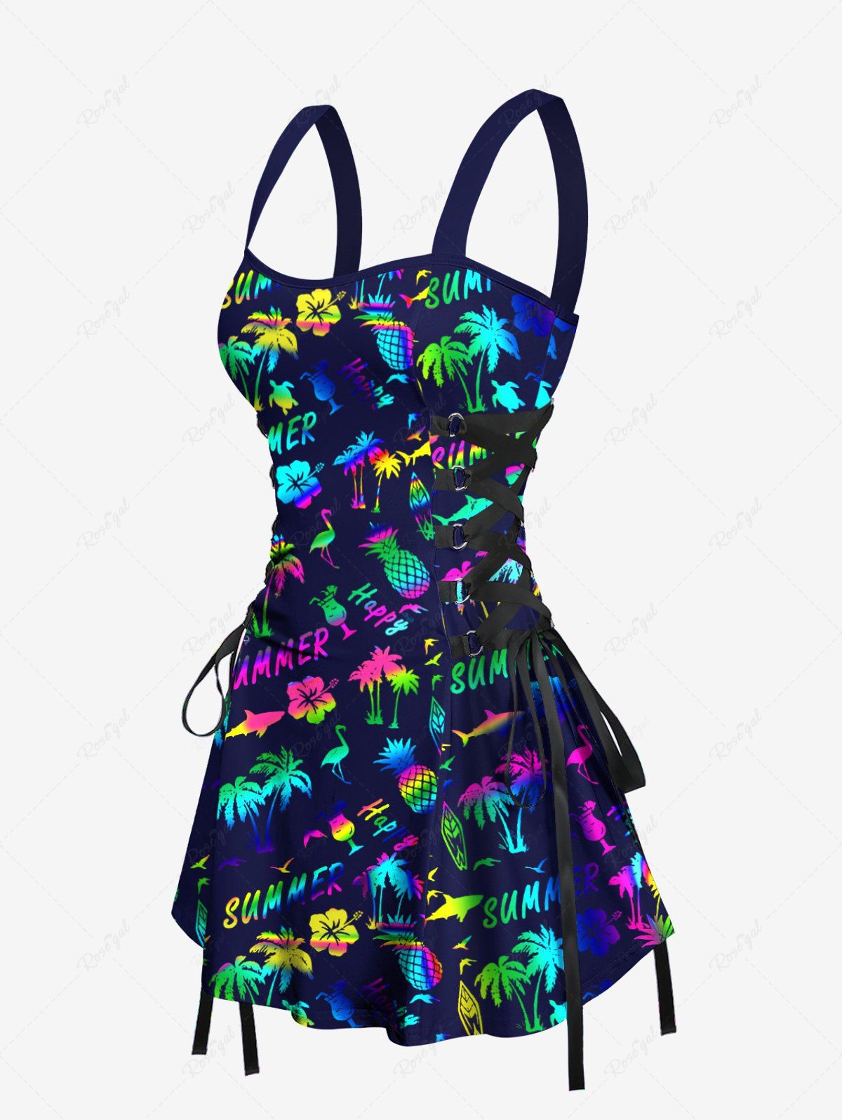 Coconut Tree Summer Flowers Pineapple Print Lace Up Hawaii Tank Dress