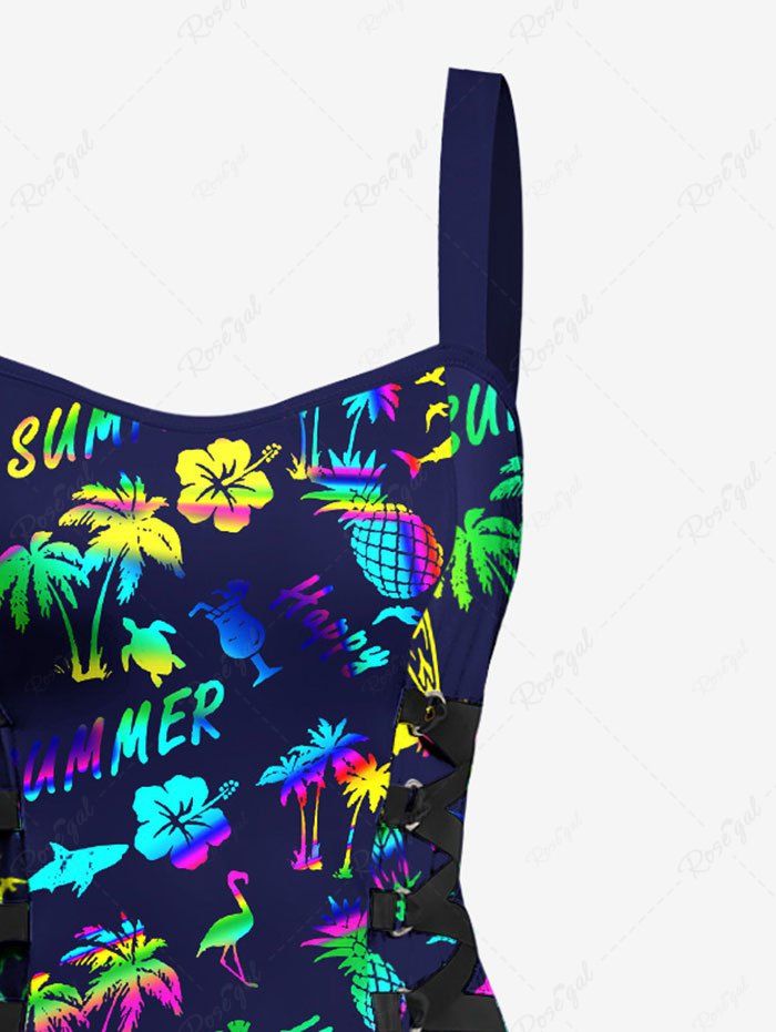 Coconut Tree Summer Flowers Pineapple Print Lace Up Hawaii Tank Dress
