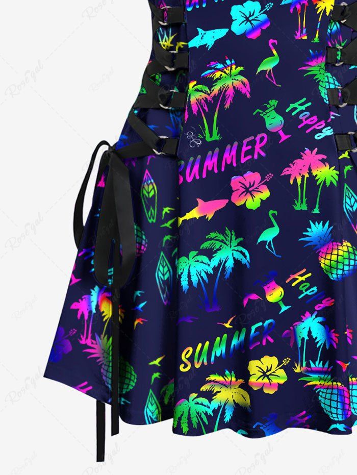 Coconut Tree Summer Flowers Pineapple Print Lace Up Hawaii Tank Dress
