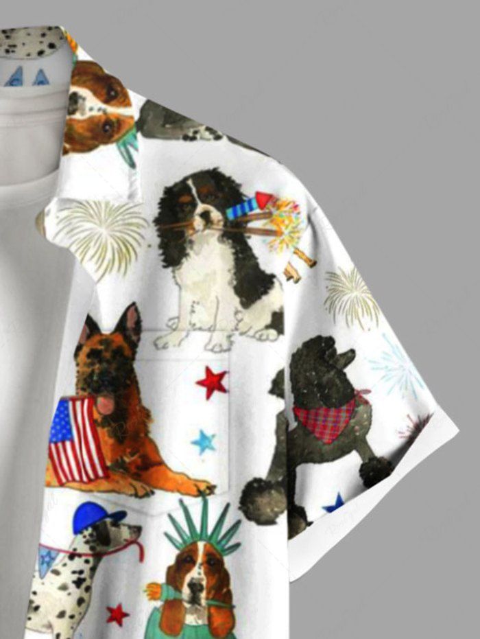 Plus Size Colorful Dog Patriotic American Flag Fireworks Printed Button Pocket Shirt For Men
