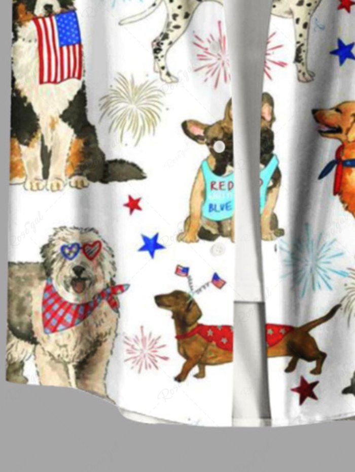 Plus Size Colorful Dog Patriotic American Flag Fireworks Printed Button Pocket Shirt For Men